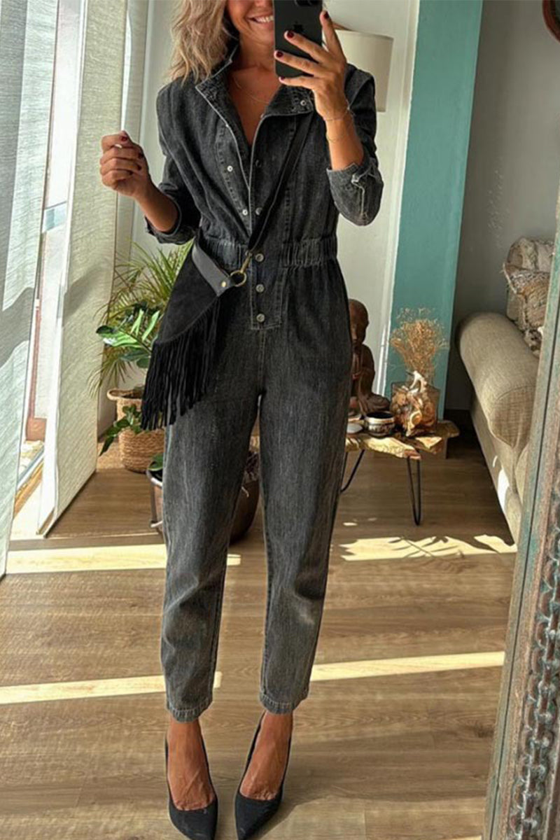 Casual Solid Color Distressed Pocket Buckle O Neck Long Sleeve Regular Denim Jumpsuits