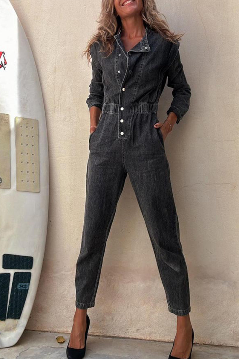 Casual Solid Color Distressed Pocket Buckle O Neck Long Sleeve Regular Denim Jumpsuits