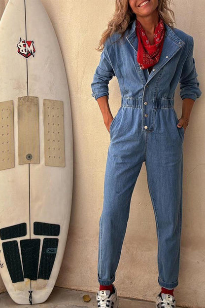 Casual Solid Color Distressed Pocket Buckle O Neck Long Sleeve Regular Denim Jumpsuits