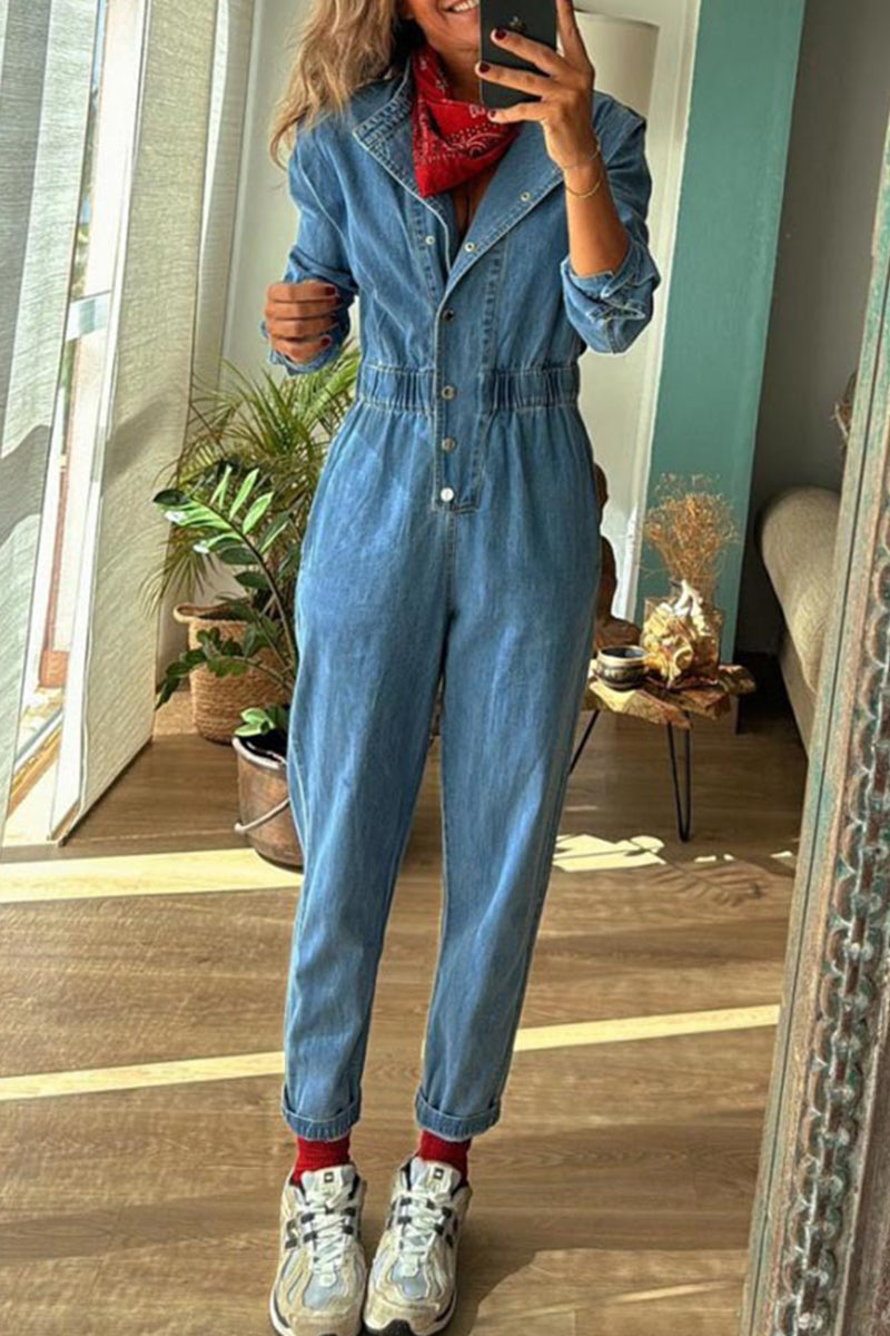 Casual Solid Color Distressed Pocket Buckle O Neck Long Sleeve Regular Denim Jumpsuits