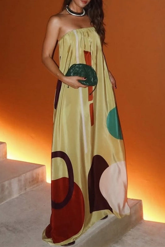 Vestidos largos casuales sin tirantes con estampado geométrico en contraste