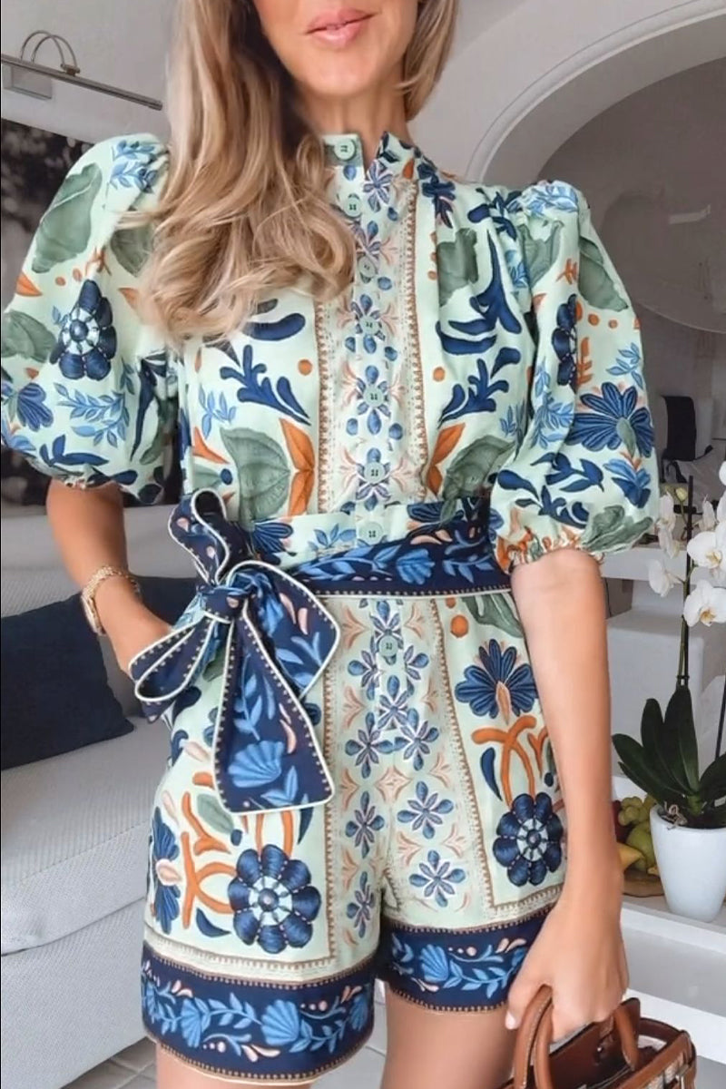 Casual Floral Print Lace Up Buttons O Neck Rompers