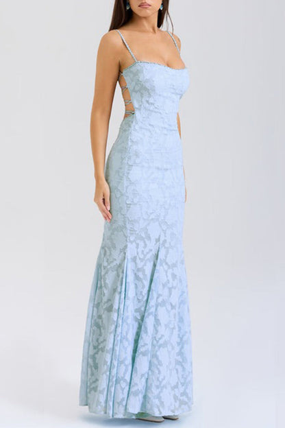 Vestido sexy de cola de pez con escote cuadrado y diseño de tirantes sin espalda y encaje jacquard de color sólido