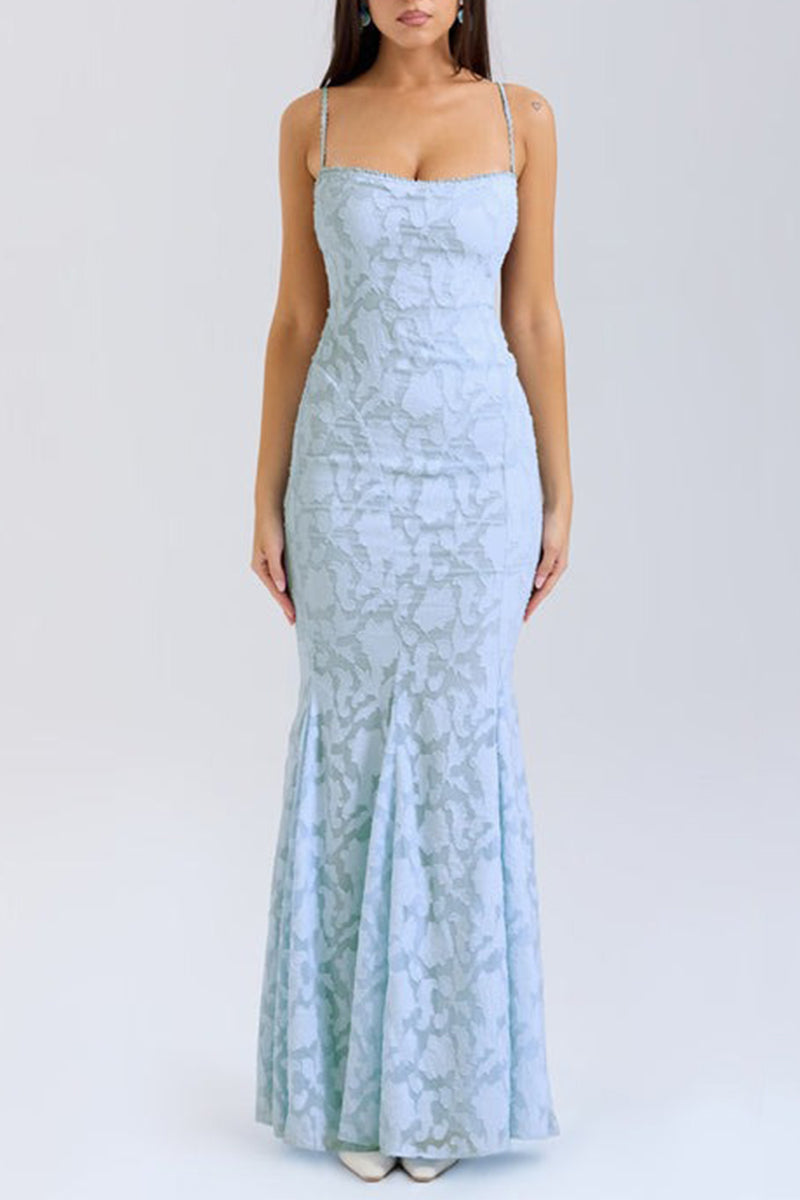 Vestido sexy de cola de pez con escote cuadrado y diseño de tirantes sin espalda y encaje jacquard de color sólido