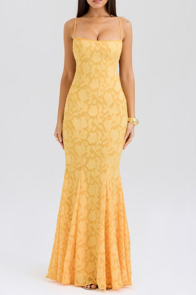 Vestido sexy de cola de pez con escote cuadrado y diseño de tirantes sin espalda y encaje jacquard de color sólido