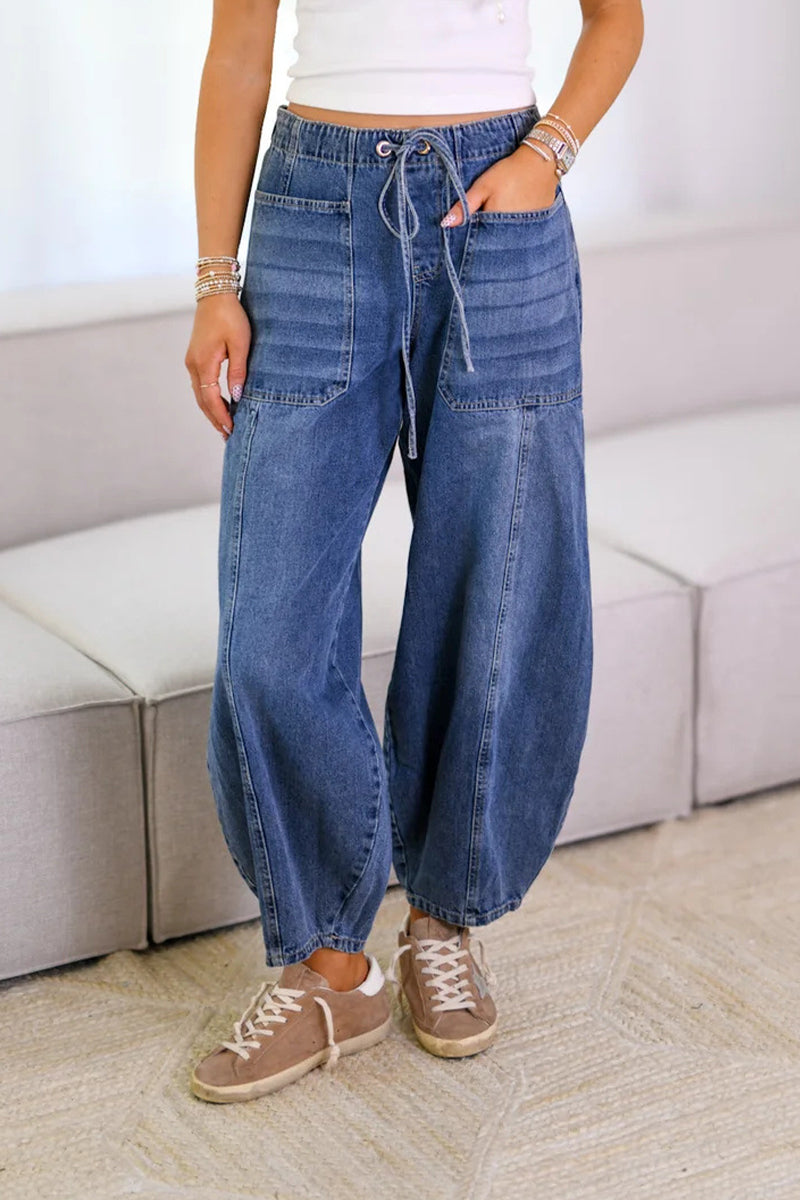 Street Solid Color Draw String Pocket Mid Waist Loose Denim Jeans