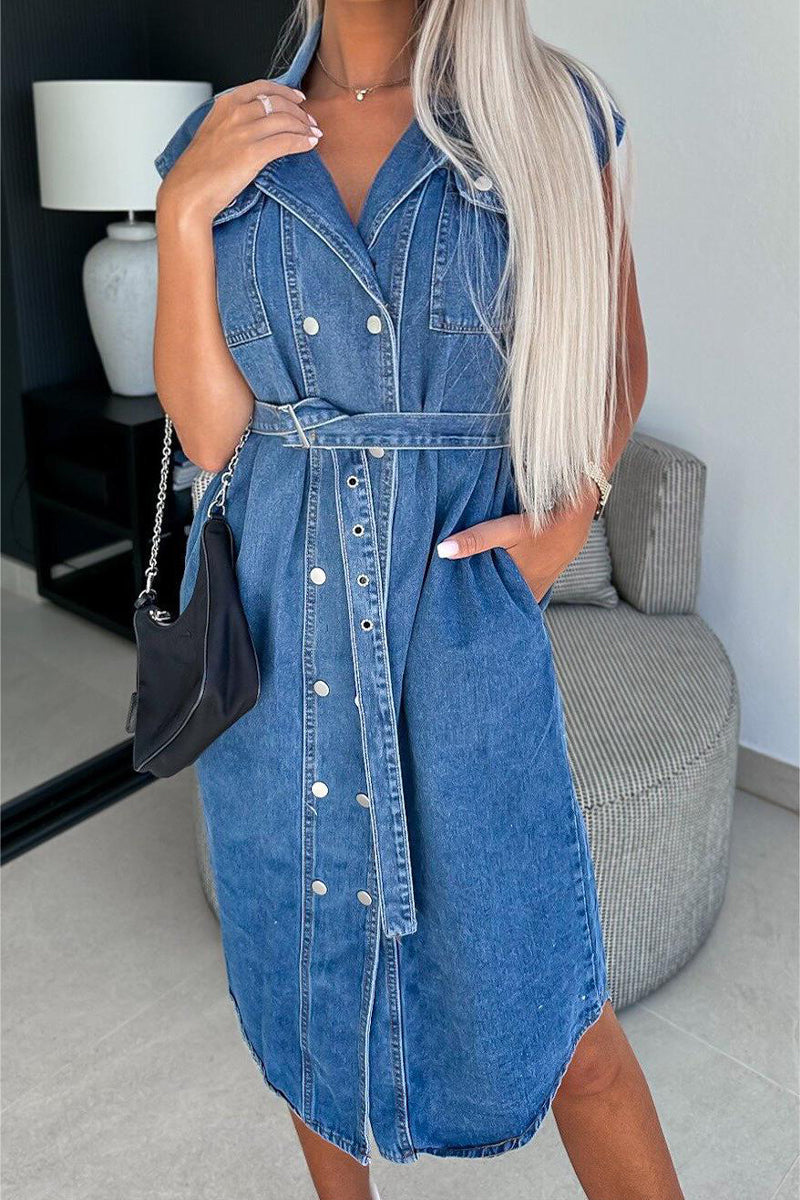 Casual Solid Color Buckle Turndown Collar Sleeveless Loose Denim Dresses
