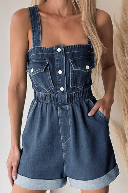 Casual Solid Color Pocket Square Neck Rompers
