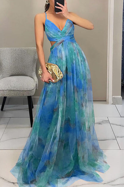 Vestidos largos sexis con escote en V, espalda descubierta y estampado degradado