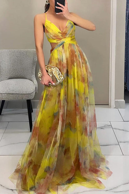 Vestidos largos sexis con escote en V, espalda descubierta y estampado degradado