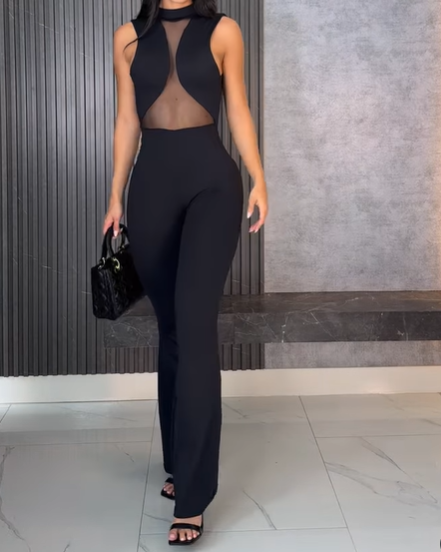 Hollow Solid Color Patchwork Jumpsuit