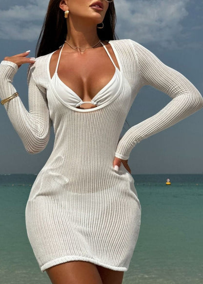 Ocean Drift - White Mesh Knit Beach Dress & Bikini Set