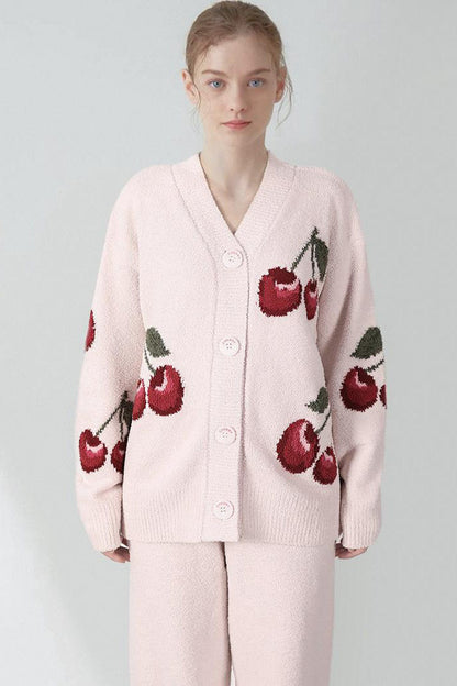 Soft Half Velvet Cherry Cardigan Pajama Set