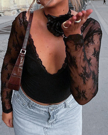 Solid Color Sexy Stitching Lace T-Shirt