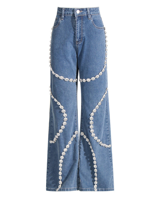 High-Waisted Diamond-Embellished Straight-Leg Trousers