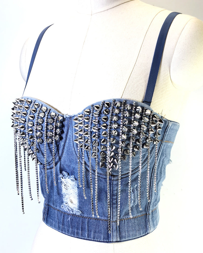 Distressed Denim Embellished Diamond Beaded Fringed Back Bandeau