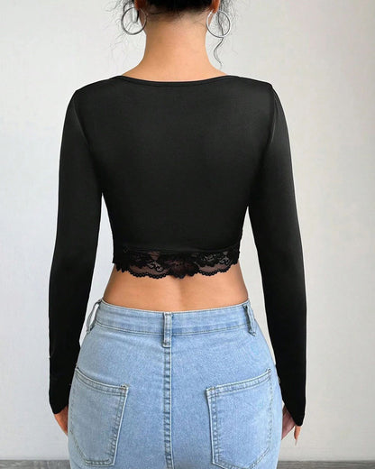 Deep V-Neck Long-Sleeved Lace Patchwork Pleated T-Shirt