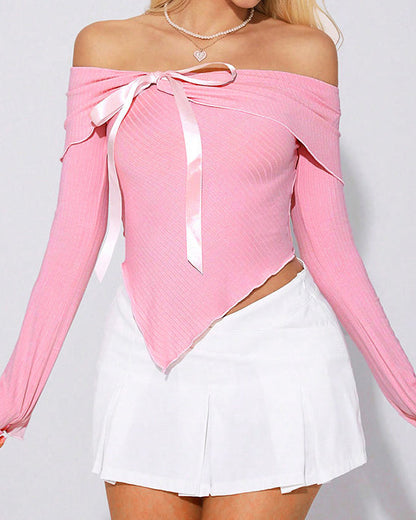 Off-Shoulder Bow Long-Sleeved T-Shirt Top