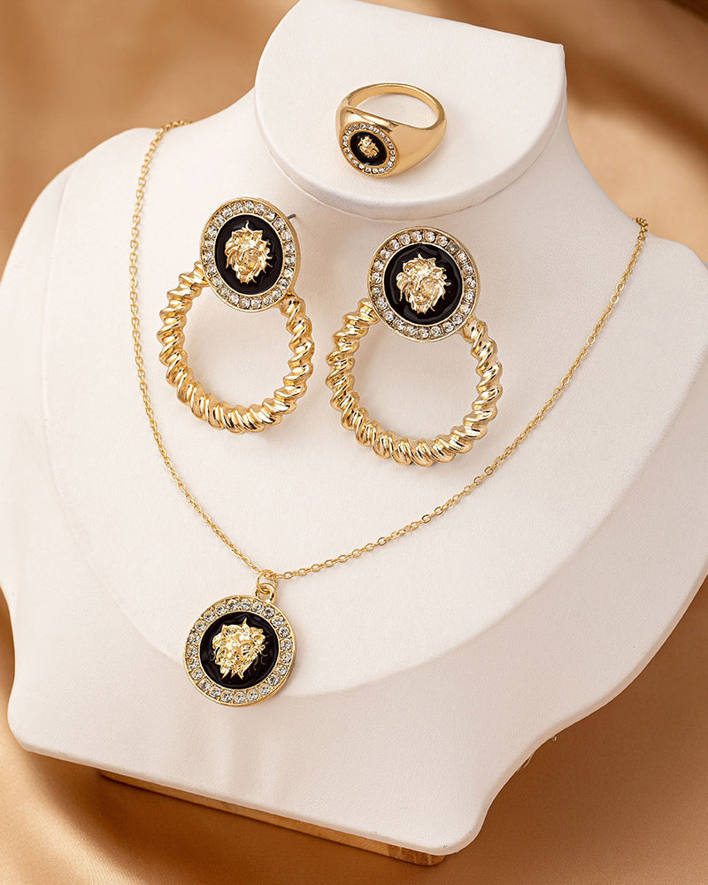 Lion Head Diamond Pendant Necklace Earrings Ring Set