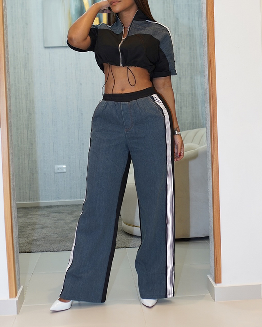 Paneled Zipper Top Wide Leg Pants Set