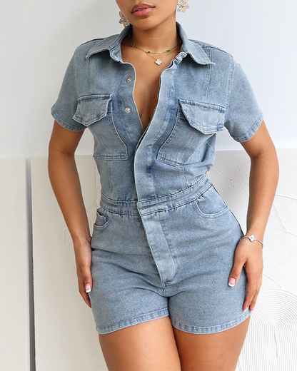 Stretch Slim-Fit Short-Sleeved Jumpsuit