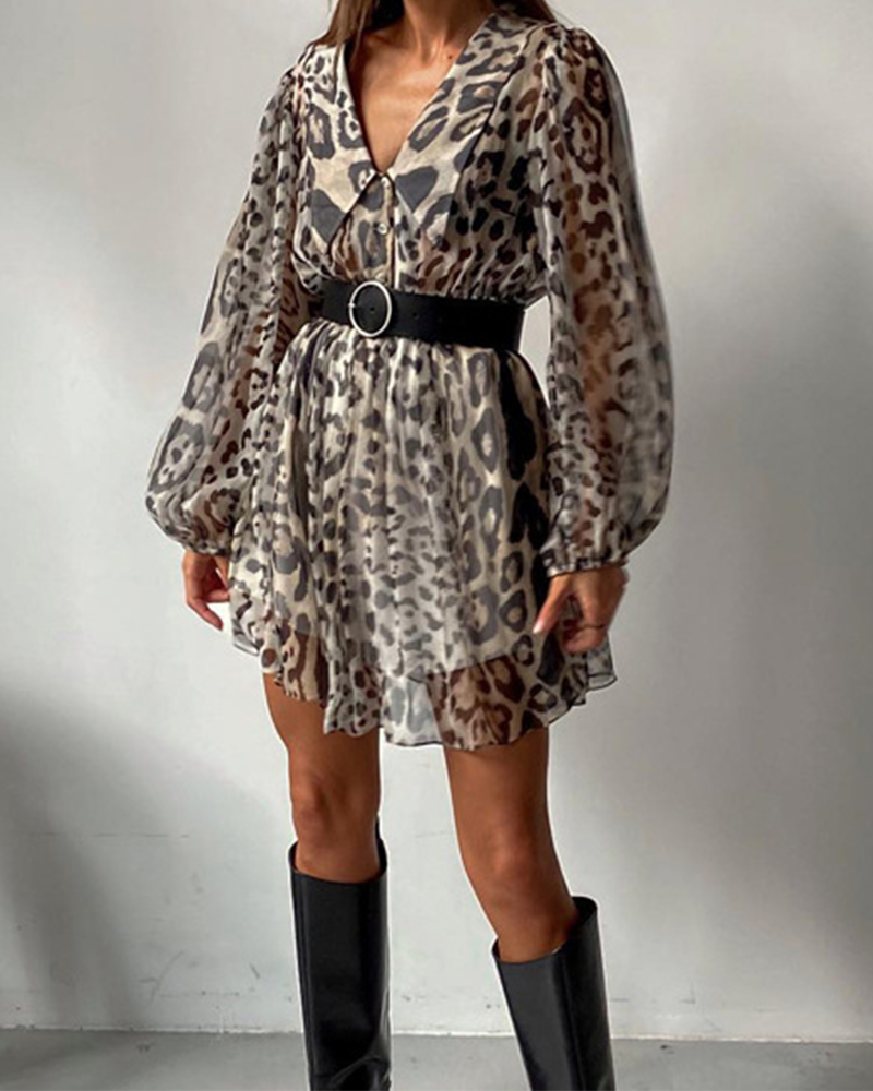 V Neck Long Sleeve Leopard Print Dress