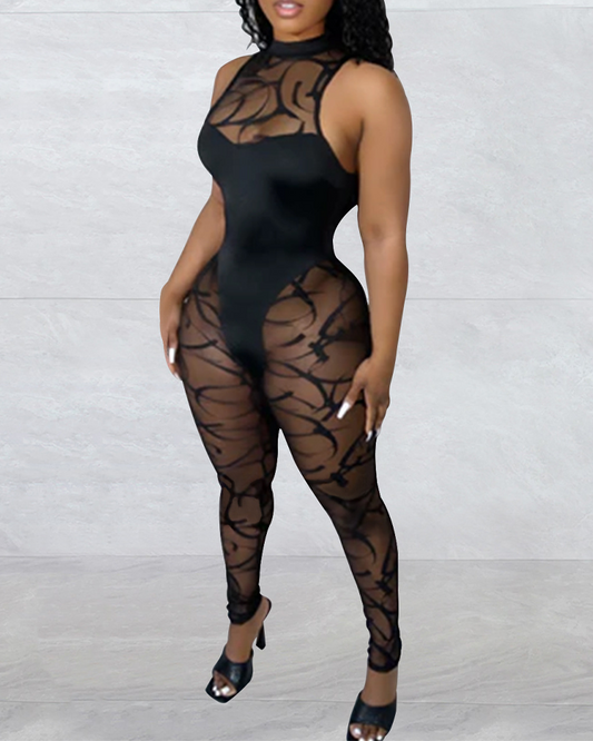Solid Color Mesh Jumpsuit