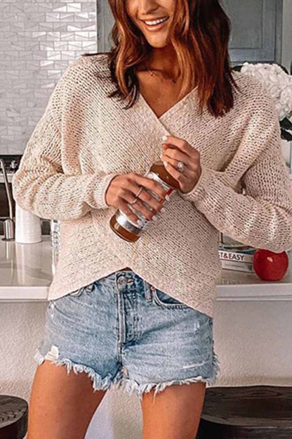 Solid Color Knitted V-neck Sweater