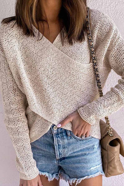 Solid Color Knitted V-neck Sweater