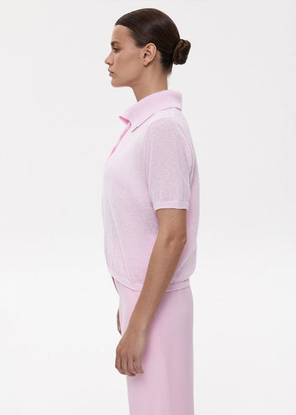 Luna Textured Knit Polo Top – Soft Pink Button-Up Tee