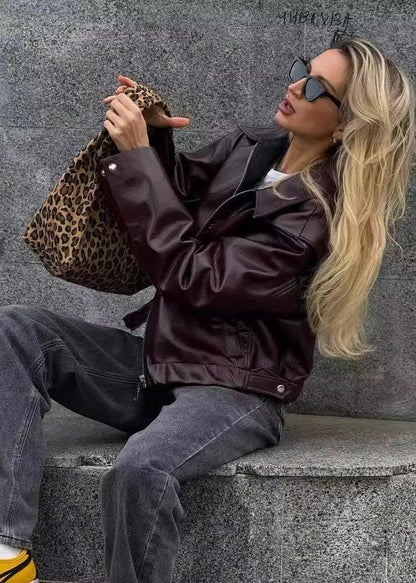 Burgundy Faux Leather Zip-Up Jacket - Effortless Edge