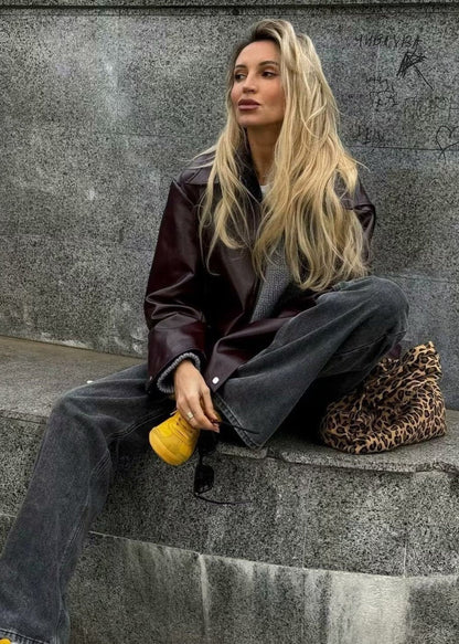 Burgundy Faux Leather Zip-Up Jacket - Effortless Edge