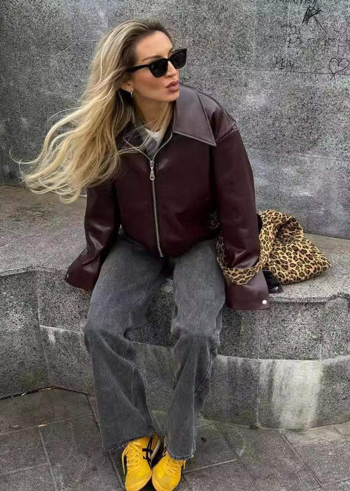 Burgundy Faux Leather Zip-Up Jacket - Effortless Edge