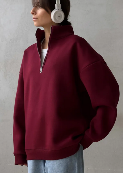 Crimson Chill - Oversized Half-Zip Sweatshirt with High Collar