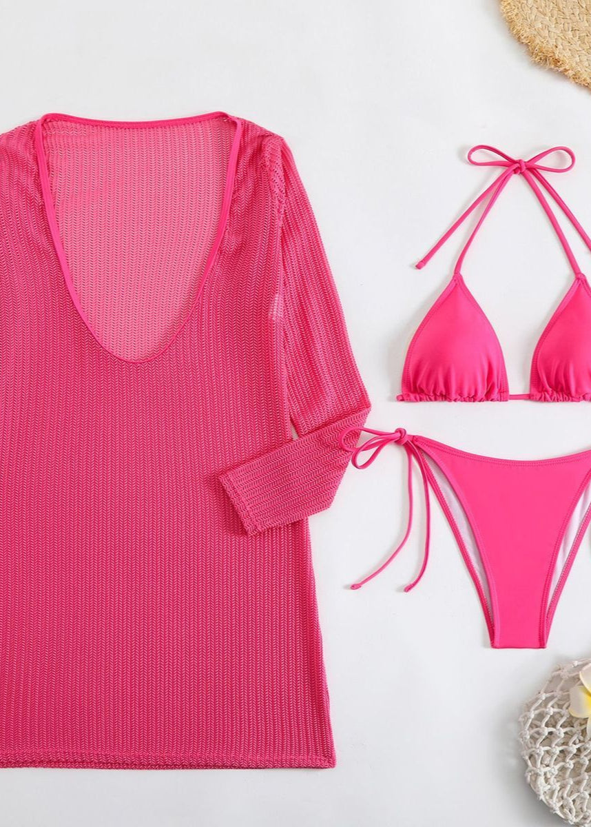 Rio Glow - Sheer Knit Beach Cover-Up & Triangle Bikini Set