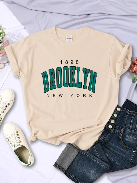 1898 Brooklyn New York Print Womens Short Sleeve Vintage Fashion Casual T-Shirts All-math Crewneck Breathable Female Clothing