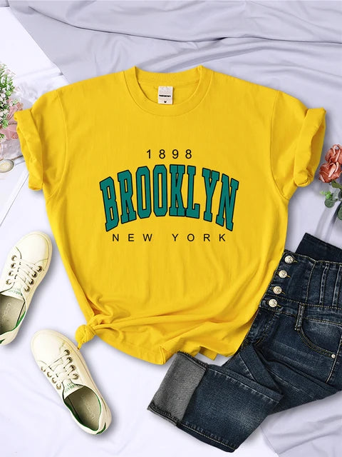 1898 Brooklyn New York Print Womens Short Sleeve Vintage Fashion Casual T-Shirts All-math Crewneck Breathable Female Clothing