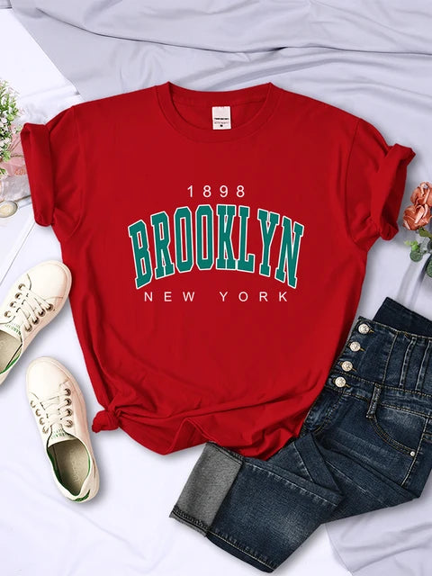 1898 Brooklyn New York Print Womens Short Sleeve Vintage Fashion Casual T-Shirts All-math Crewneck Breathable Female Clothing