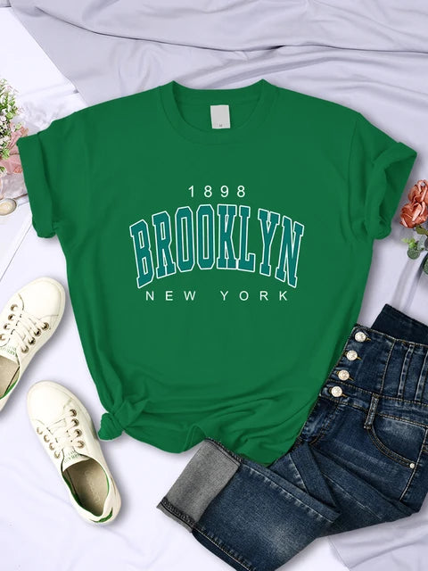 1898 Brooklyn New York Print Womens Short Sleeve Vintage Fashion Casual T-Shirts All-math Crewneck Breathable Female Clothing