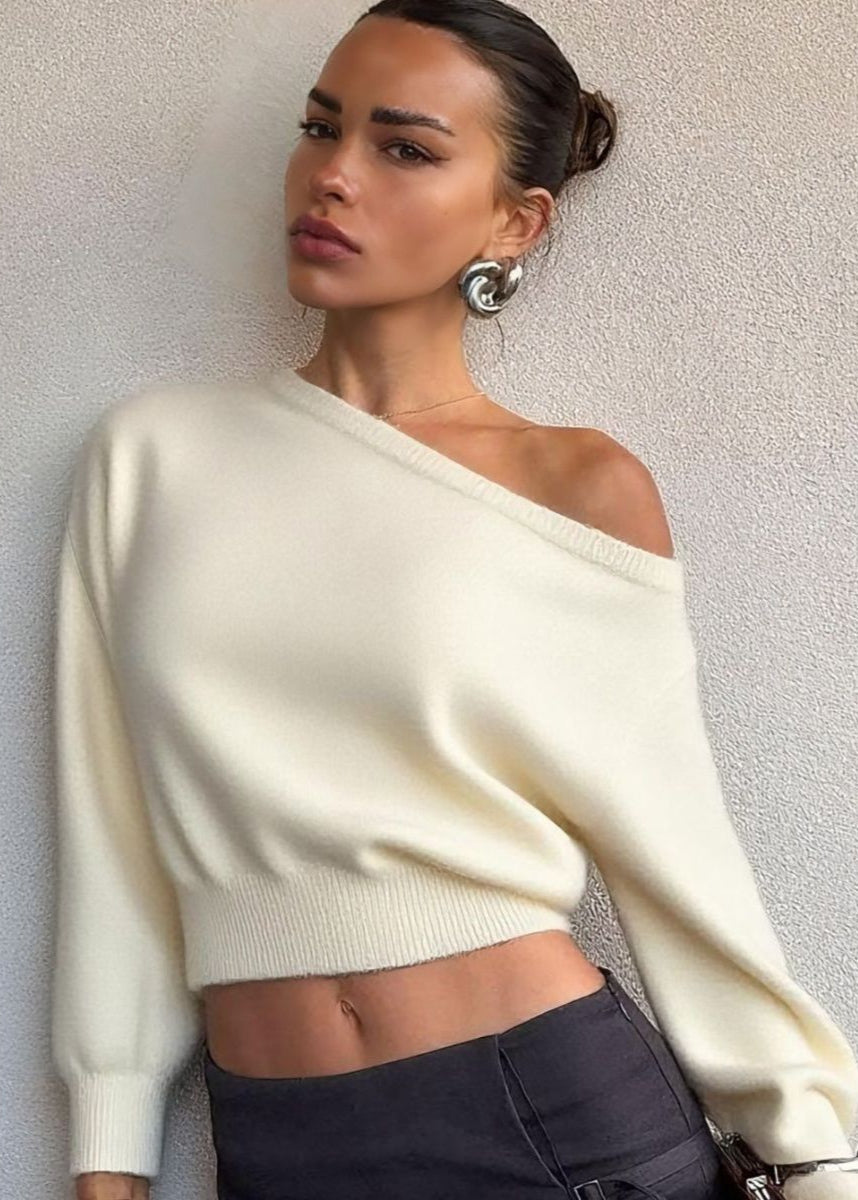Off-Shoulder Cropped Knit Sweater – Minimalist Elegance
