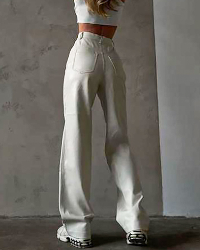 PU Pure Color High-Waisted Straight Casual Leather Pants