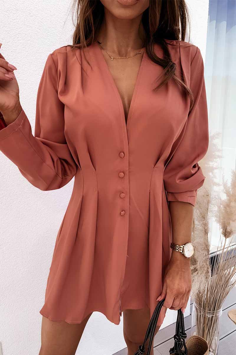 V-neck Button Long Sleeve Mini Dress