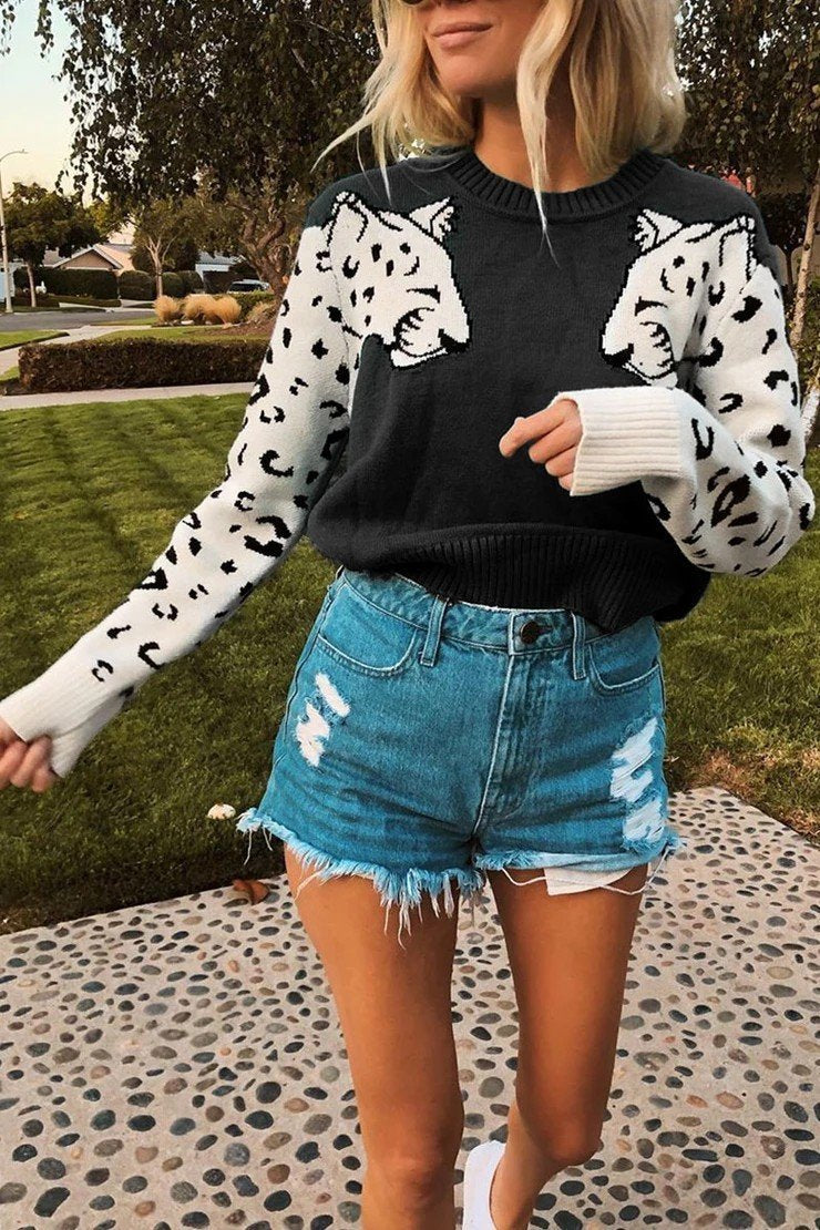 Snow Leopard Design Knit Sweater
