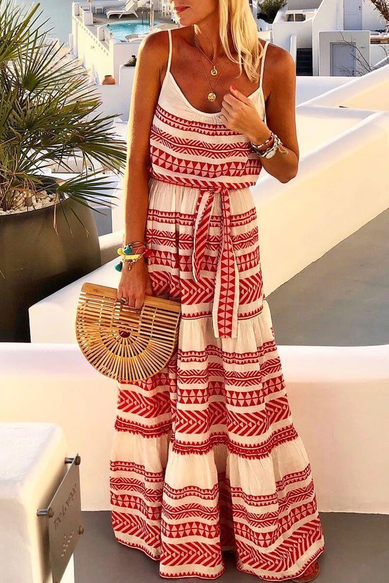 Geometric Printed Loose Ankle Maxi Dress(4 Colors)