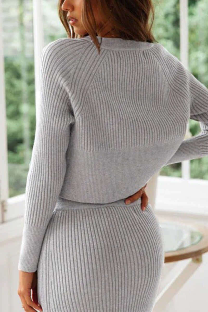 Knitted Solid Color Sweater Skirt Suit