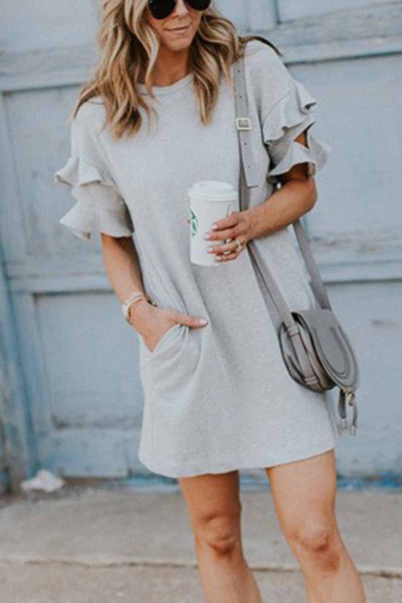 Solid Color O-neck Ruffle Mini Dress