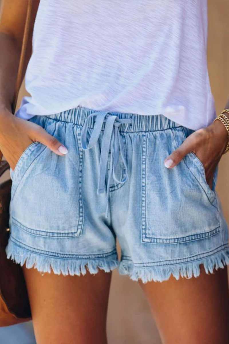 Lace-up Fringed Thin Denim Shorts