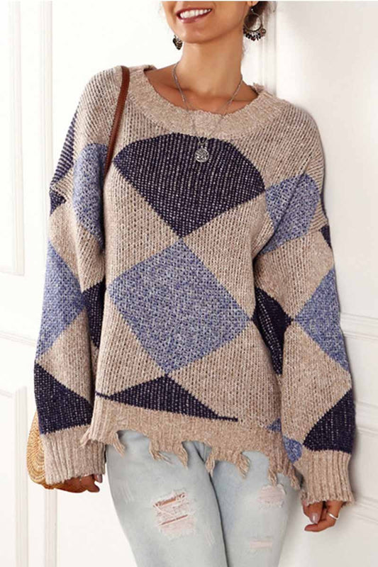 Irregular Print Round Neck Sweater