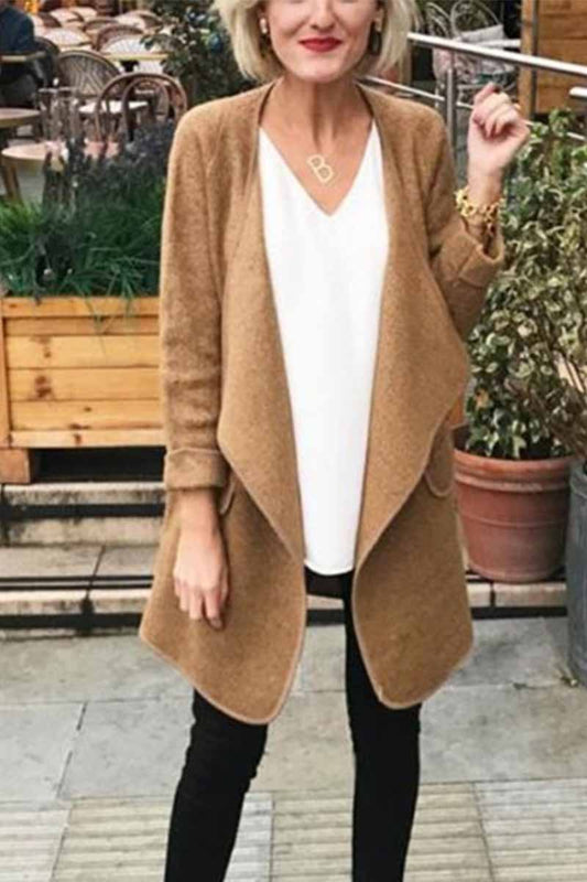 Solid Color Loose Coat With Pockets