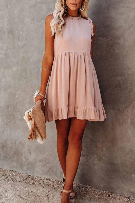 Solid Color Ruffled Waist Mini Dress